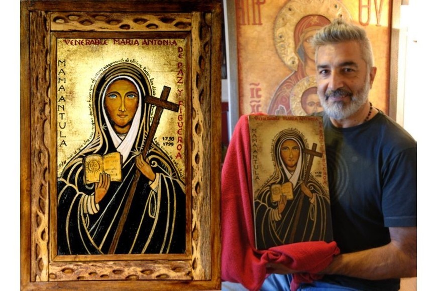 El retrato más conocido de Mama Antula realizado por Quiroz, y el artista junto a su obra.
