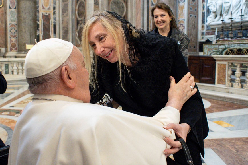 Karina Milei sister of Argentina's President Javier Milei meets with Pope Francis at the Vatican February 11, 2024. Vatican Media/­Handout via REUTERS    ATTENTION EDITORS - THIS IMAGE WAS PROVIDED BY A THIRD PARTY.