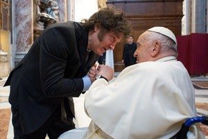 Argentina's President Javier Milei meets with Pope Francis at the Vatican February 11, 2024. Vatican Media/­Handout via REUTERS    ATTENTION EDITORS - THIS IMAGE WAS PROVIDED BY A THIRD PARTY.