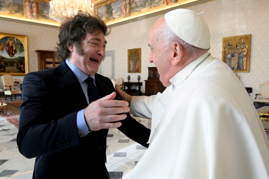 Pope Francis meets Argentine President Javier Milei at the Vatican, February 12, 2024.   Vatican Media/­Handout via REUTERS    ATTENTION EDITORS - THIS IMAGE WAS PROVIDED BY A THIRD PARTY.