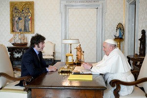 Pope Francis meets Argentine President Javier Milei at the Vatican, February 12, 2024. Vatican Media/­Handout via REUTERS    ATTENTION EDITORS - THIS IMAGE WAS PROVIDED BY A THIRD PARTY.