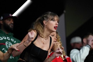 Feb 11, 2024; Paradise, Nevada, USA;  Recording artist Taylor Swift reacts during the first quarter between Kansas City Chiefs and San Francisco 49ers of Super Bowl LVIII at Allegiant Stadium. Mandatory Credit: Joe Camporeale-USA TODAY Sports     TPX IMAGES OF THE DAY