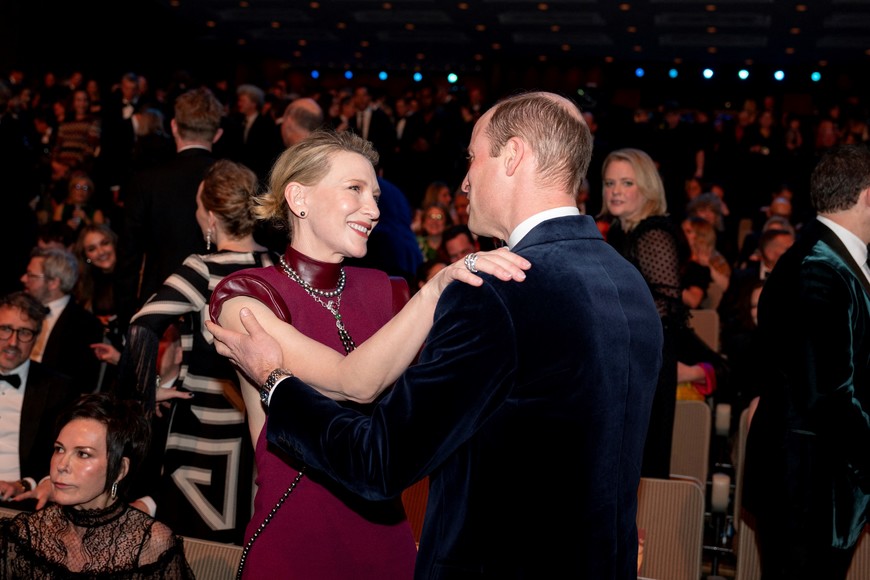 The Prince of Wales, president of Bafta, talks with Cate Blanchett at the Bafta Film Awards 2024, at the Royal Festival Hall, Southbank Centre, London. Picture date: Sunday February 18, 2024. Jordan Pettitt/Pool via REUTERS