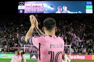 Feb 21, 2024; Fort Lauderdale, Florida, USA; Inter Miami CF forward Lionel Messi (10) reacts after the game against Real Salt Lake at Chase Stadium. Mandatory Credit: Sam Navarro-USA TODAY Sports