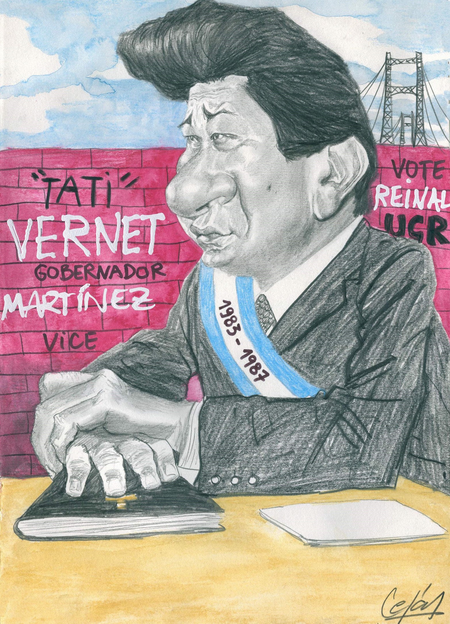El primer gobernador tras la recuperación de la democracia en 1983, visto por Lucas Cejas. Vernet se impuso al radical Aníbal Reynaldo en una muy reñida (y discutida) elección.