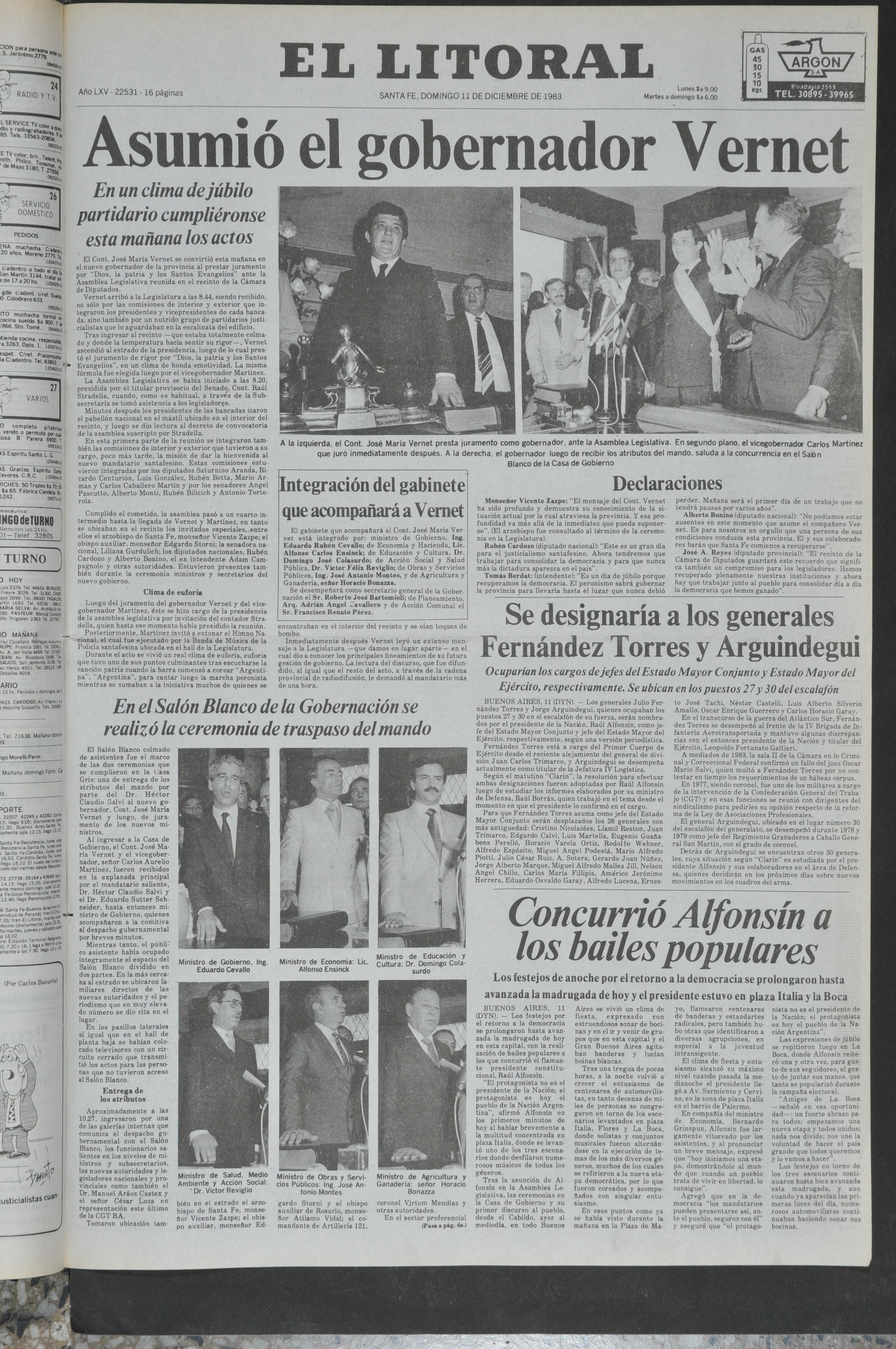  Ejemplar de El Litoral, edición del 11 de diciembre de 1983.