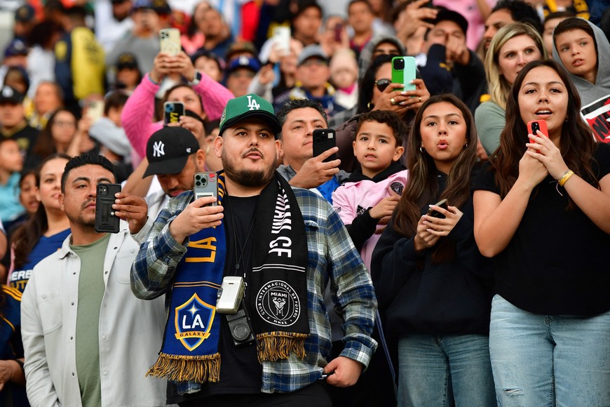 Feb 25, 2024; Carson, California, USA;  Fans wait for the arrival of Inter Miami CF forward Lionel Messi (10) before the match against the LA Galaxy at Dignity Health Sports Park. Mandatory Credit: Gary A. Vasquez-USA TODAY Sports