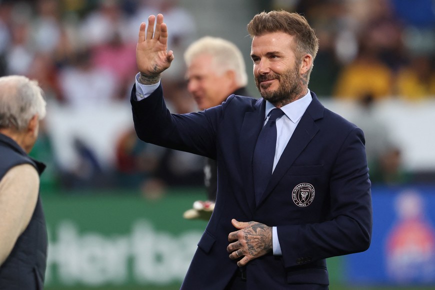 Feb 25, 2024; Carson, California, USA;  Inter Miami CF owner David Beckham on the field before the game against the LA Galaxy at Dignity Health Sports Park. Mandatory Credit: Kiyoshi Mio-USA TODAY Sports