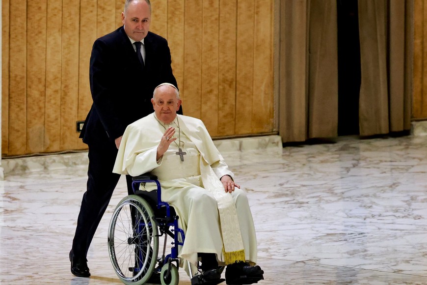 Pope Francis arrives for the weekly general audience, in Paul VI hall at the Vatican, February 28, 2024. REUTERS/Yara Nardi