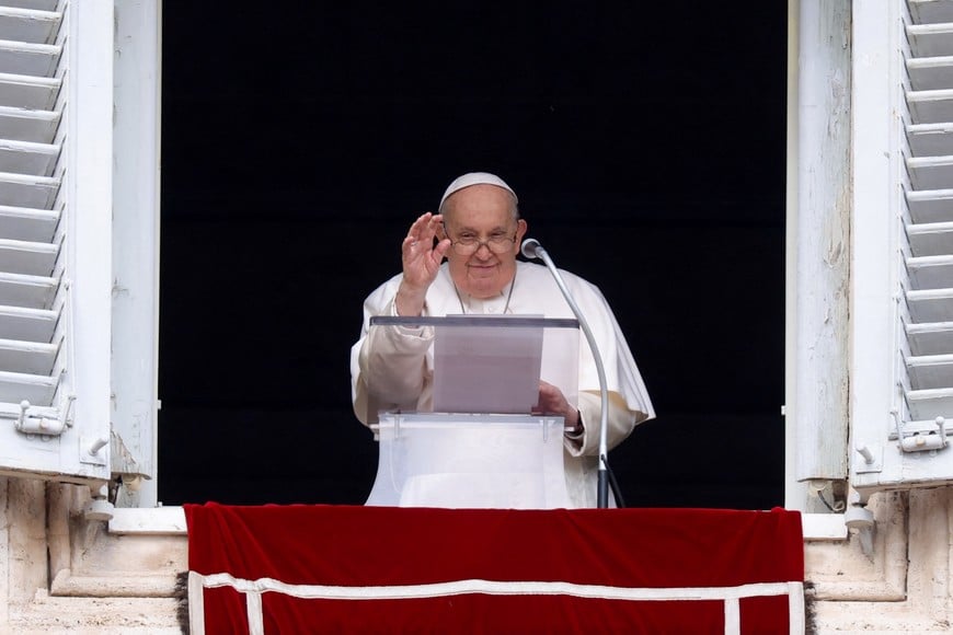 Pope Francis leads the Angelus prayer from a window, at the Vatican, February 11, 2024. REUTERS/Remo Casilli