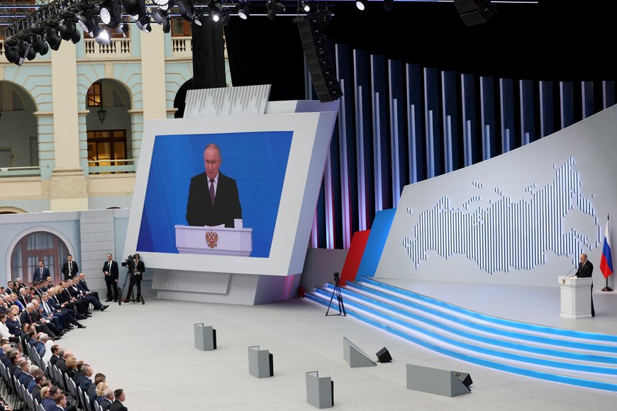Russian President Vladimir Putin delivers his annual address to the Federal Assembly, in Moscow, Russia, February 29, 2024.  Sputnik/Gavriil Grigorov/Kremlin via REUTERS ATTENTION EDITORS - THIS IMAGE WAS PROVIDED BY A THIRD PARTY.