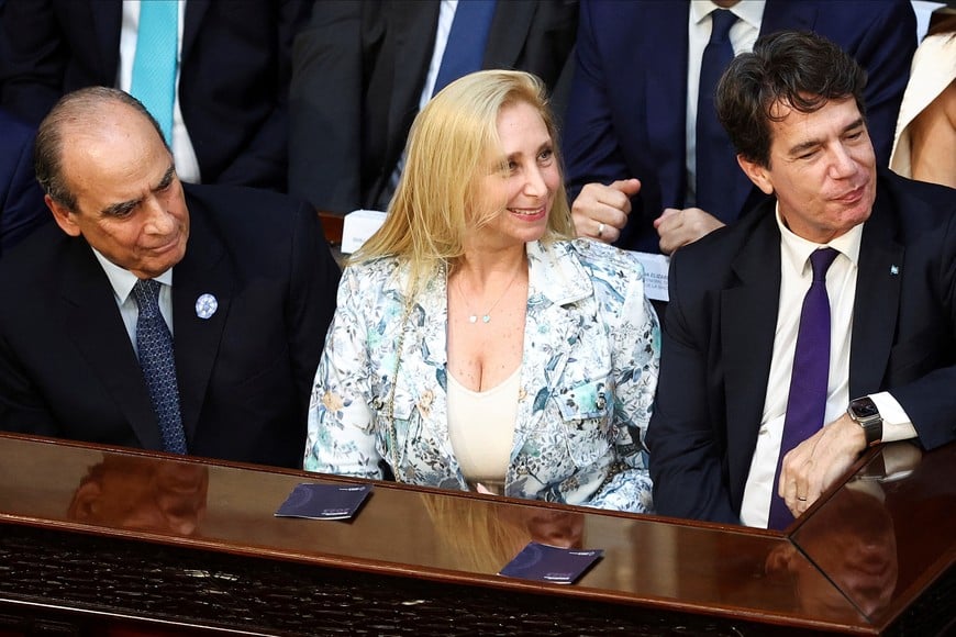 Karina Milei, sister of Argentina's President Javier Milei, Minister of the Interior Guillermo Francos and Chief of the Cabinet of Ministers Nicolas Posse attend the opening session of the 142nd legislative term, at the National Congress, in Buenos Aires, Argentina, March 1, 2024. REUTERS/Agustin Marcarian