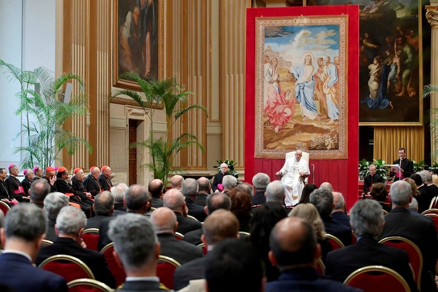 Pope Francis skips readings due to bronchitis at the meeting for the inauguration of the Judicial Year of the Tribunal of the Vatican City State, at the Vatican March 2, 2024. Vatican Media/­Handout via REUTERS    ATTENTION EDITORS - THIS IMAGE WAS PROVIDED BY A THIRD PARTY.