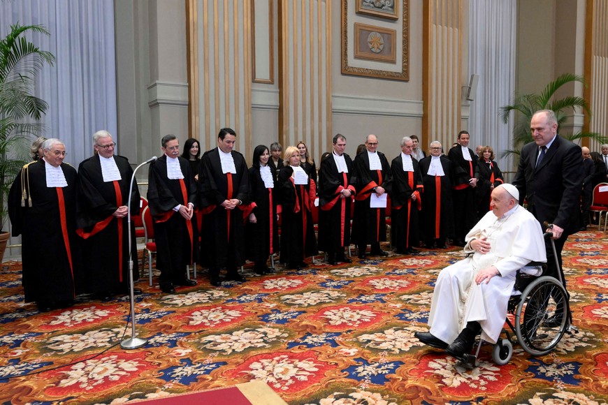 Pope Francis skips readings due to bronchitis at the meeting for the inauguration of the Judicial Year of the Tribunal of the Vatican City State, at the Vatican March 2, 2024. Vatican Media/­Handout via REUTERS    ATTENTION EDITORS - THIS IMAGE WAS PROVIDED BY A THIRD PARTY.