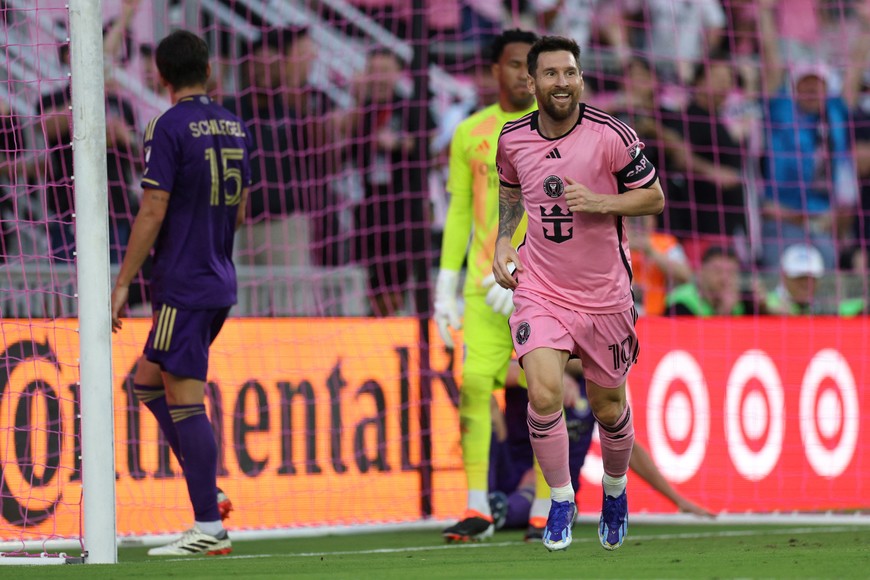 Mar 2, 2024; Fort Lauderdale, Florida, USA; Inter Miami CF forward Lionel Messi (10) celebrates after scoring a goal in the second half against Orlando City at Chase Stadium. Mandatory Credit: Nathan Ray Seebeck-USA TODAY Sports