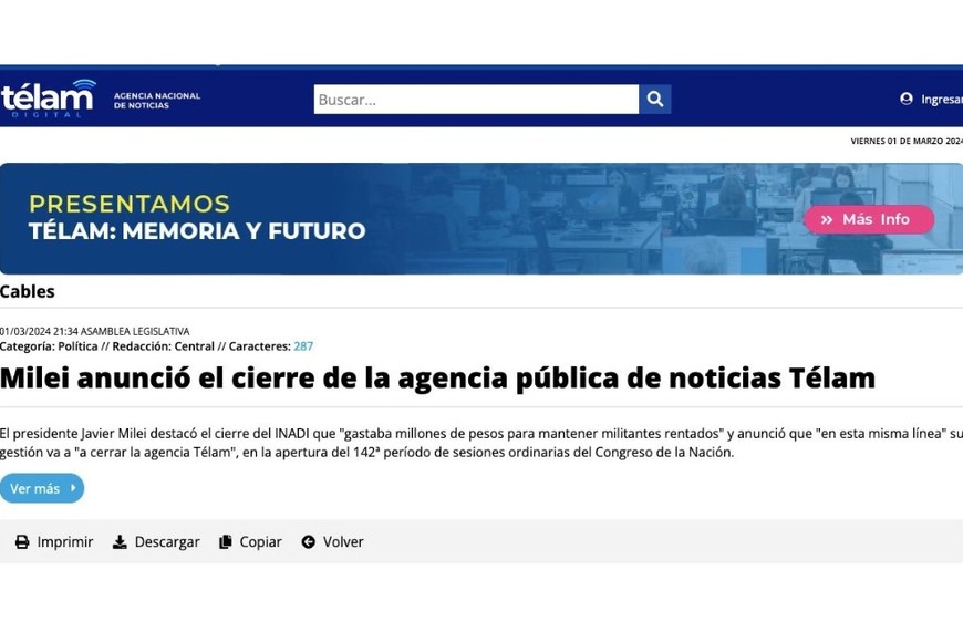 Así anunciaba el propio Télam su cierre.