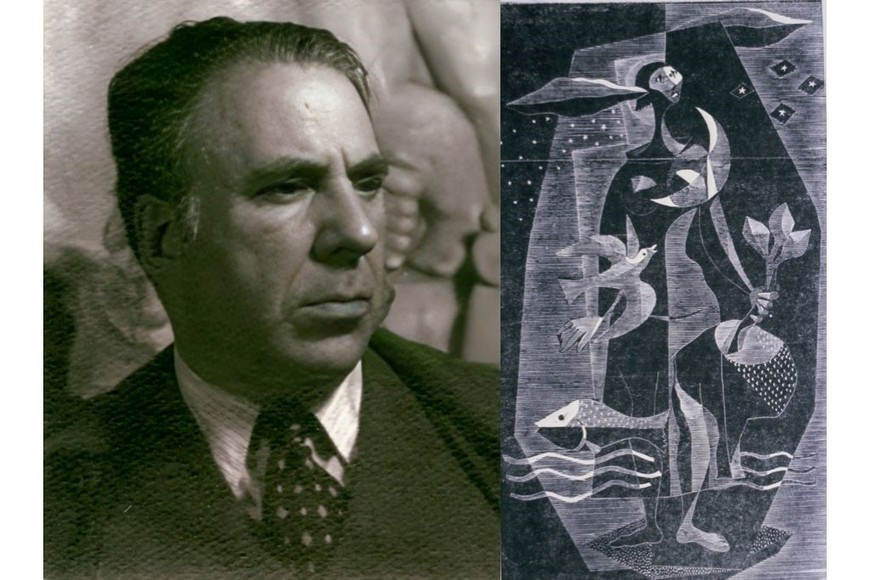 José Planas Casas: El artista en sus años de madurez junto a “El litoral”, xilografía sobre papel, 38,2 x 22 cm.