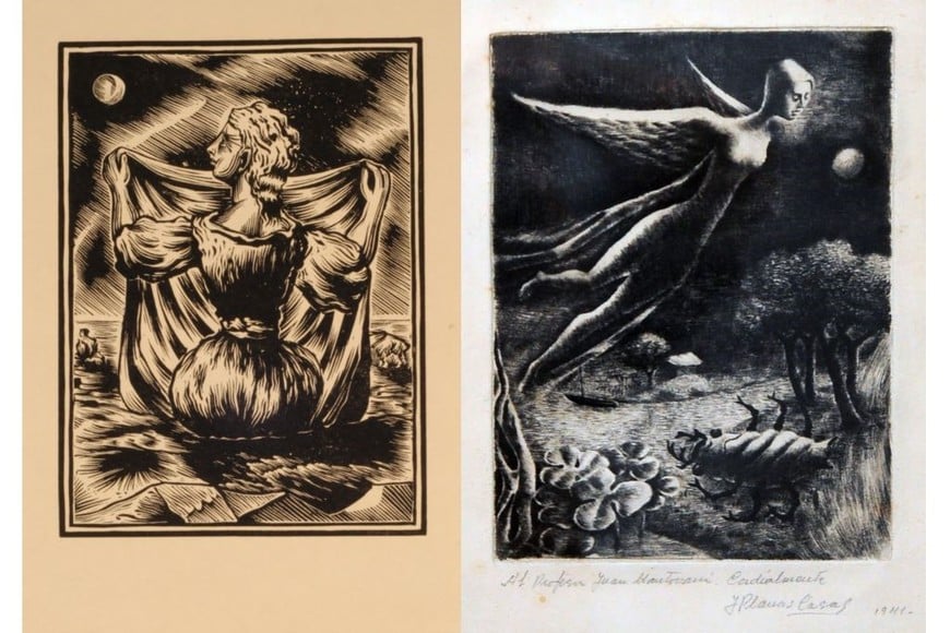 José Planas Casas: “La noche” (1948), heliografía sobre papel), 33,5 x 23 cm. (estampa: 26 x 19 cm.); “El ángel y el escarabajo” (1941), xilografía sobre papel, 20 x 15 cm. (visible).