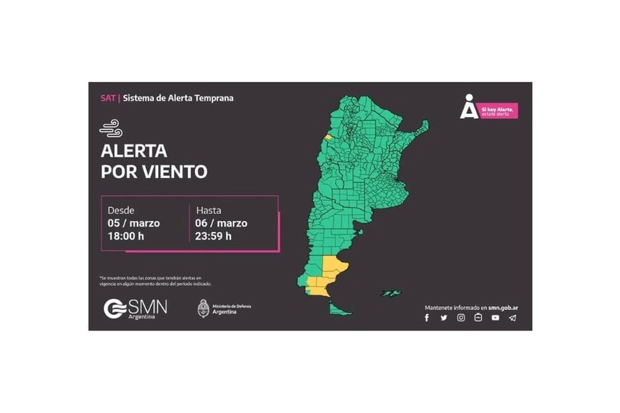 Mapa de alertas por tormentas para este miércoles.