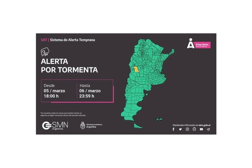 Mapa de alertas por tormentas para este miércoles.