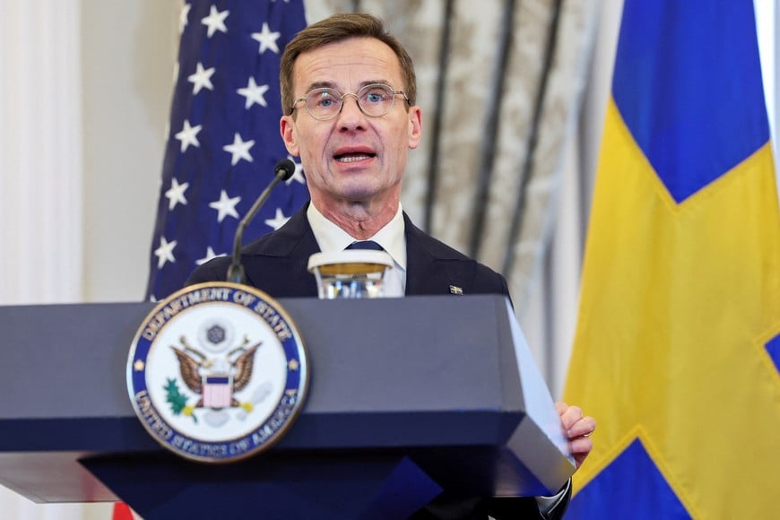 Swedish Prime Minister Ulf Kristersson speaks about Sweden's entry into NATO at the State Department in Washington, U.S., March 7, 2024. REUTERS/Amanda Andrade-Rhoades
