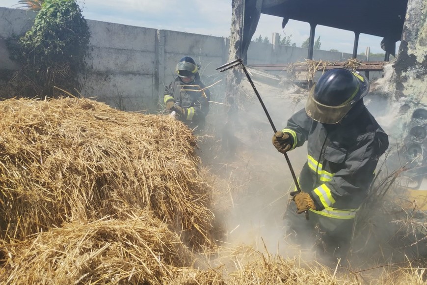 Personal de Bomberos trabajó también en unos pastizales que rodeaban al micro, para evitar que el fuego se propague.  Crédito: El Litoral.
