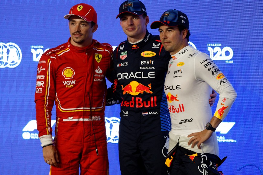 Formula One F1 - Saudi Arabian Grand Prix - Jeddah Corniche Circuit, Jeddah, Saudi Arabia - March 8, 2024
Red Bull's Max Verstappen celebrates after qualifying in pole position with Ferrari's Charles Leclerc and Red Bull's Sergio Perez REUTERS/Hamad I Mohammed