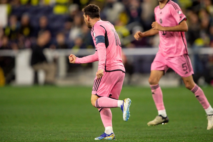 Mar 7, 2024; Nashville, TN, USA; Inter Miami forward Lionel Messi (10) celebrates his goal against the Nashville SC during the second half at GEODIS Park. Mandatory Credit: Steve Roberts-USA TODAY Sports