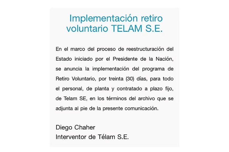Implementación retiro voluntario Télam S.E.