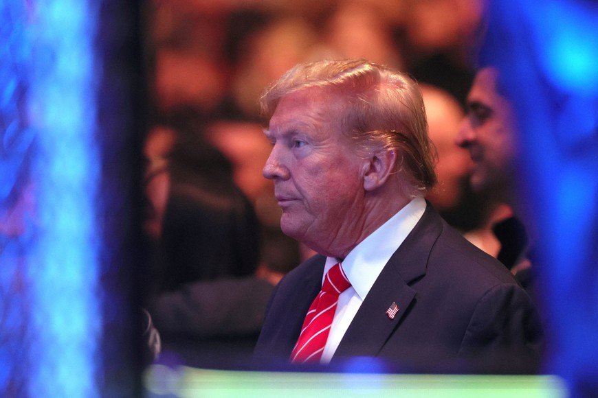 Mar 9, 2024; Miami, Florida, USA; Former president Donald Trump watches Song Yadong fight Peter Yan during UFC 299 at Kayesa Center. Mandatory Credit: Sam Navarro-USA TODAY Sports