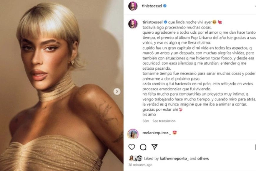 El posteo de Tini sobre su salud mental.