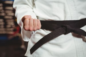 Mid section of karate player performing karate stance in fitness studio