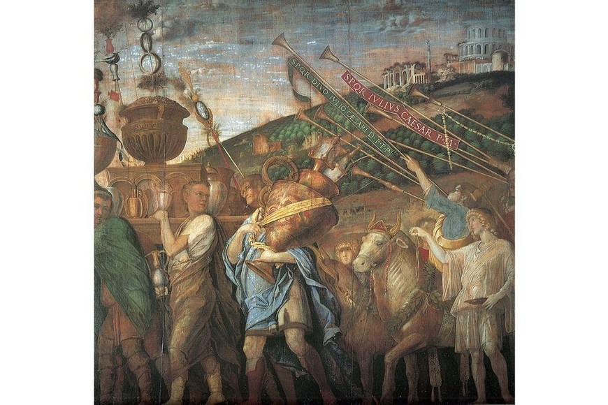 "Portadores de jarrones, toro sacrifical y trompeteros", de Andrea Mantegna. Crédito: Gentileza