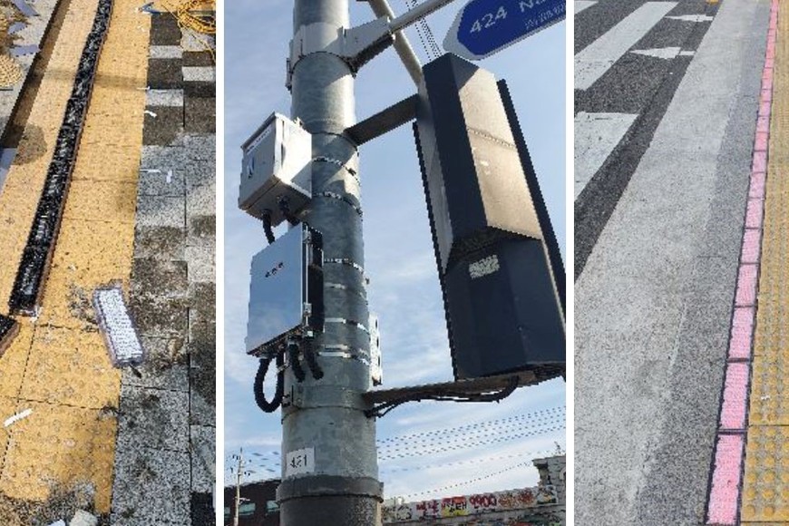 El semáforo para peatones instalado en el suelo.