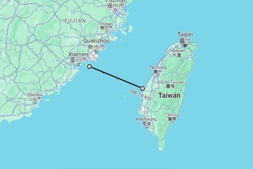 Distancia entre Kinmen y la isla principal de Taiwán. Crédito: Google Maps