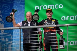 Oct 23, 2022; Austin, Texas, USA; Helmut Marko (left) and Red Bull Racing Limited driver Max Verstappen (right) of Team Netherlands celebrate winning the U.S. Grand Prix F1 race at Circuit of the Americas. Mandatory Credit: Jerome Miron-USA TODAY Sports