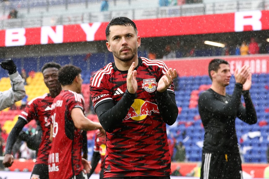 Mar 23, 2024; Harrison, New Jersey, USA; New York Red Bulls midfielder Lewis Morgan (9) gestures towards fans after the match against Inter Miami CF at Red Bull Arena. Mandatory Credit: Vincent Carchietta-USA TODAY Sports
