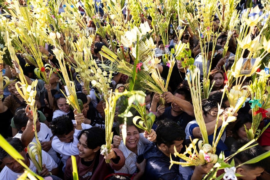 Filipino Catholics raise their palm fronds for blessings during a Palm Sunday mass at the Antipolo Cathedral in Antipolo City, Rizal province, Philippines, March 24, 2024. REUTERS/Eloisa Lopez