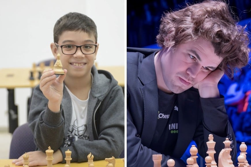 Faustino Oro y Magnus Carlsen.