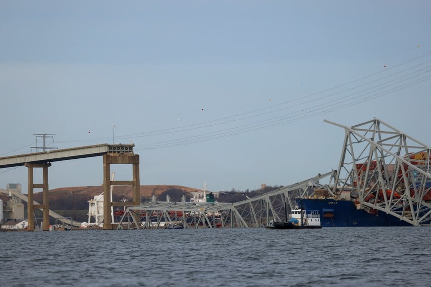 A view of the Dali cargo vessel which crashed into the Francis Scott Key Bridge causing it to collapse in Baltimore, Maryland, U.S., March 26, 2024.  REUTERS/Julia Nikhinson