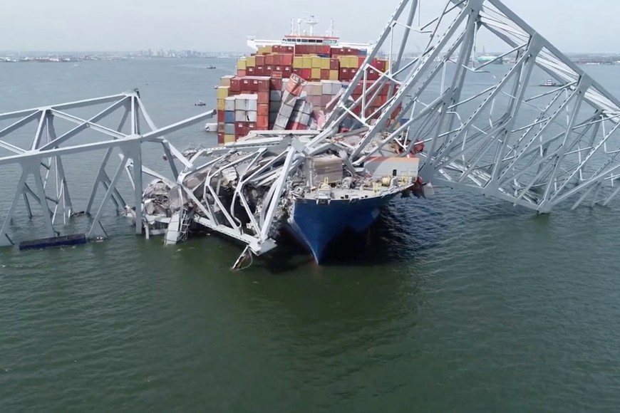 A drone view of the Dali cargo vessel, which crashed into the Francis Scott Key Bridge causing it to collapse, in Baltimore, Maryland, U.S., March 26, 2024, in this still image taken from a handout video. NTSB/Handout via REUTERS    THIS IMAGE HAS BEEN SUPPLIED BY A THIRD PARTY. MANDATORY CREDIT