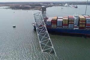 A drone view of the Dali cargo vessel, which crashed into the Francis Scott Key Bridge causing it to collapse, in Baltimore, Maryland, U.S., March 26, 2024, in this still image taken from a handout video. NTSB/Handout via REUTERS    THIS IMAGE HAS BEEN SUPPLIED BY A THIRD PARTY. MANDATORY CREDIT