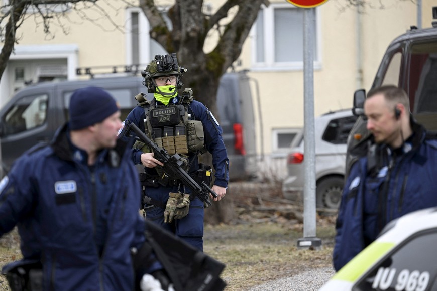 Police officers operate at the Viertola comprehensive school in Vantaa, Finland, on April 2, 2024. Three minors were injured in a shooting at the school on Tuesday morning. A suspect, also a minor, has been apprehended.   Lehtikuva/MARKKU ULANDER  via REUTERS      ATTENTION EDITORS - THIS IMAGE WAS PROVIDED BY A THIRD PARTY. NO THIRD PARTY SALES. NOT FOR USE BY REUTERS THIRD PARTY DISTRIBUTORS. FINLAND OUT. NO COMMERCIAL OR EDITORIAL SALES IN FINLAND.