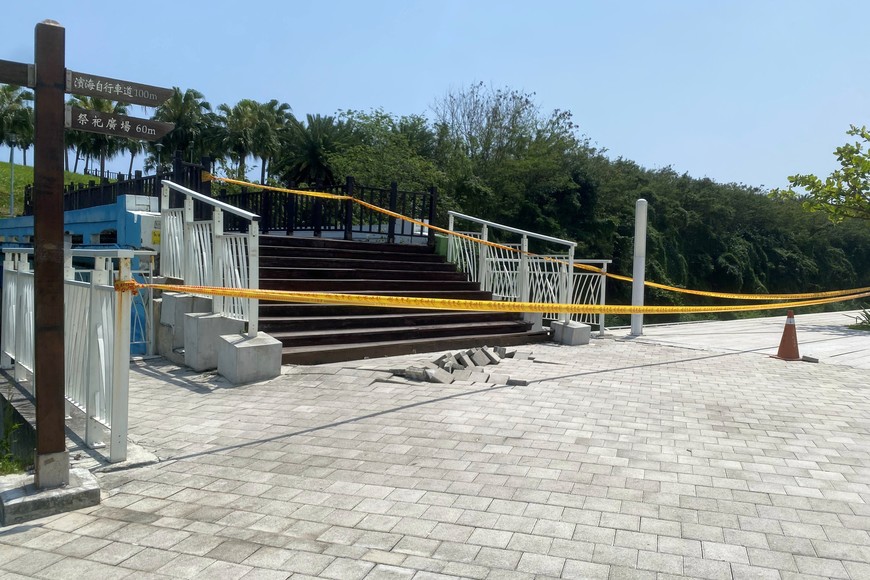 Cordon lines surround a damaged section at a coastal park following the earthquake, in Hualien, Taiwan April 3, 2024 in this handout image. Haote Zhang/Handout via REUTERS    THIS IMAGE HAS BEEN SUPPLIED BY A THIRD PARTY