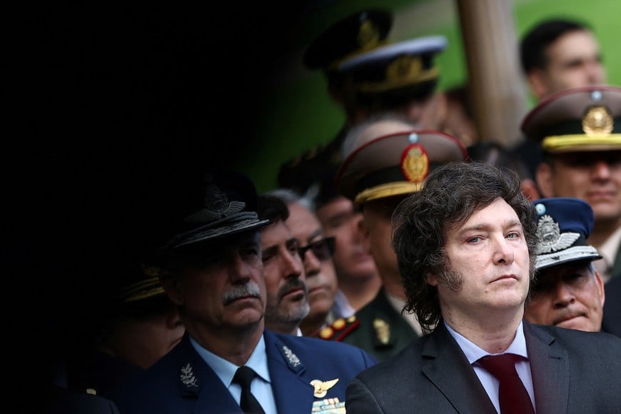 Argentina's President Javier Milei attends a ceremony to honour victims of the 1982 war between Britain and Argentina in the Falkland Islands, known to Argentines as Malvinas, at a war memorial with names of killed Argentinian soldiers, marking the 42nd anniversary of the conflict, in Buenos Aires, Argentina, April 2, 2024. REUTERS/Agustin Marcarian