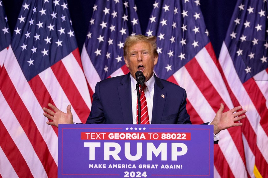 FILE PHOTO: Republican presidential candidate and former U.S. President Donald Trump speaks during a campaign rally at the Forum River Center in Rome, Georgia, U.S. March 9, 2024. REUTERS/Alyssa Pointer/File Photo