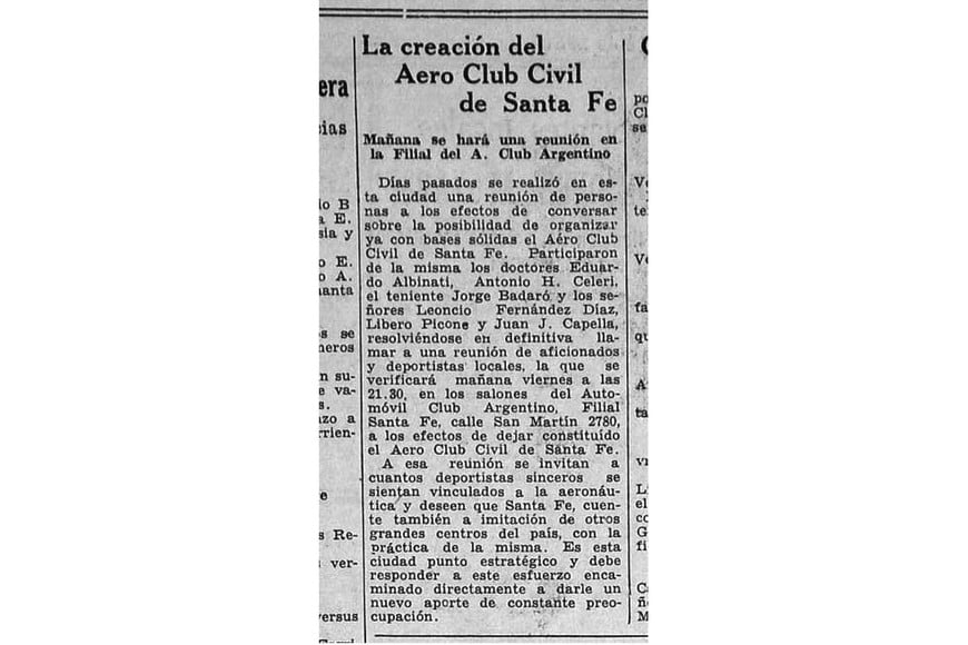 La creación del Aero club Santa Fe en las páginas de El Litoral.