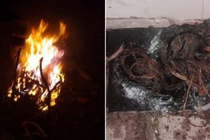 Personal policial sorprendió al delincuente quemando varios envoltorios con cables, robados en un predio de Agricultores Federados Argentinos. Crédito: El Litoral.