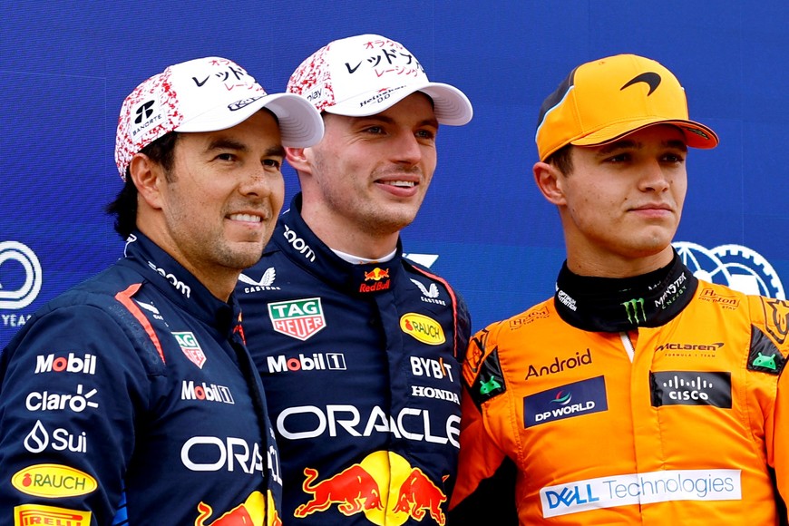 Formula One F1 - Japanese Grand Prix - Suzuka Circuit, Suzuka, Japan - April 6, 2024
Red Bull's Max Verstappen celebrates after qualifying in pole position along with second placed Red Bull's Sergio Perez and third placed McLaren's Lando Norris REUTERS/Issei Kato