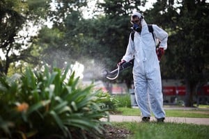 Health worker Javier Bellanzoni sprays insecticide to kill mosquitoes at a public park as dengue cases spike during a major outbreak, in Buenos Aires, Argentina March 26, 2024. REUTERS/Agustin Marcarian